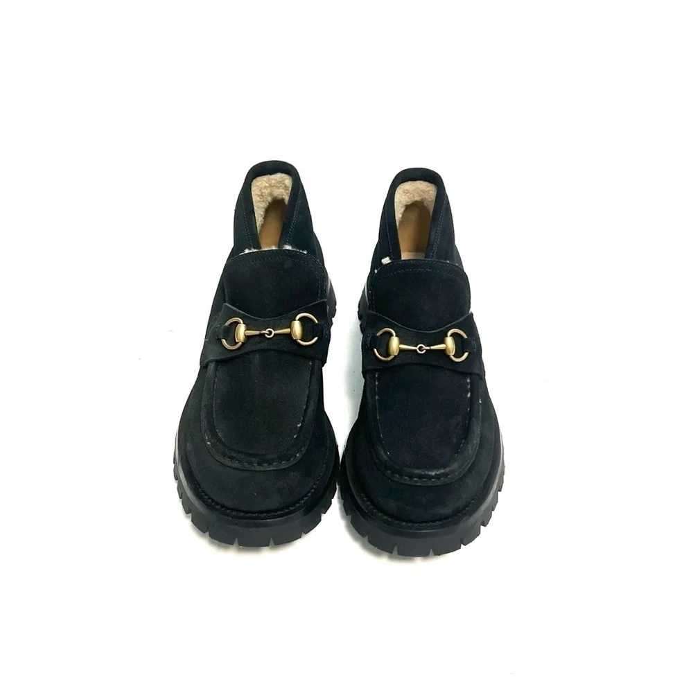 GUCCI | Mens black suede shearling lined Harald Horsebit platform loafers